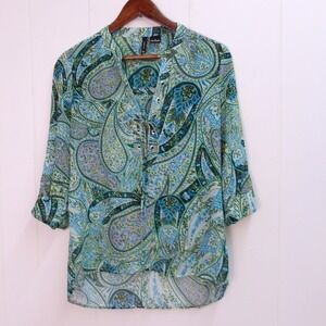Paisley Print Sheer Blouse V Neck Lace Up 3/4 Sleeve Lightweight Top Sz S /#8040